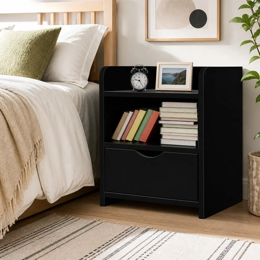 Bedside Table Storage Unit with Drawer and Shelf Black 37 x 34 x 45cm