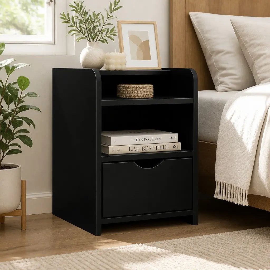 Bedside Table Storage Unit with Drawer and Shelf Black 37 x 34 x 45cm