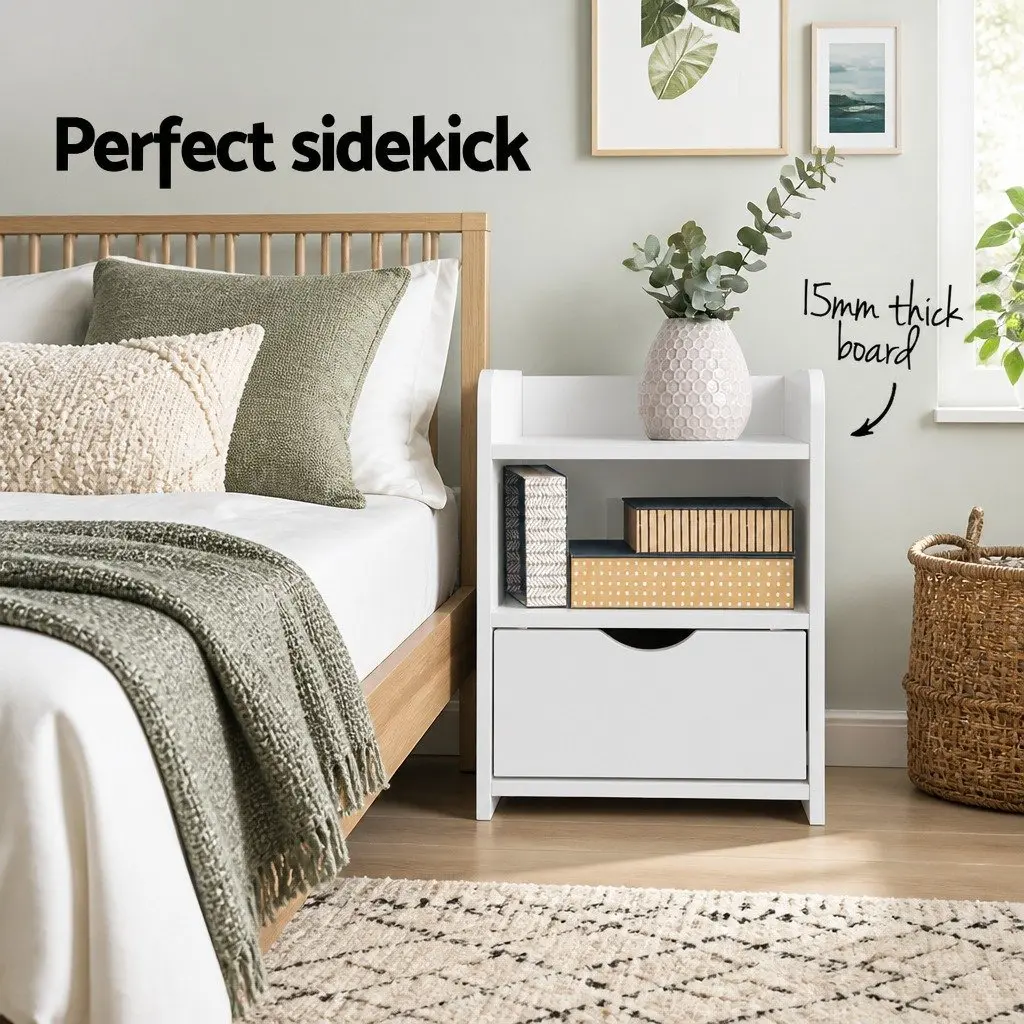 Bedside Table 1 Drawer with Shelf White Bedroom Storage Unit Nightstand