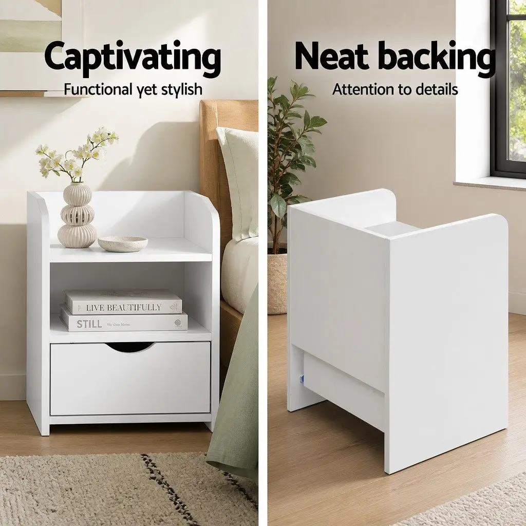 Bedside Table 1 Drawer with Shelf White Bedroom Storage Unit Nightstand