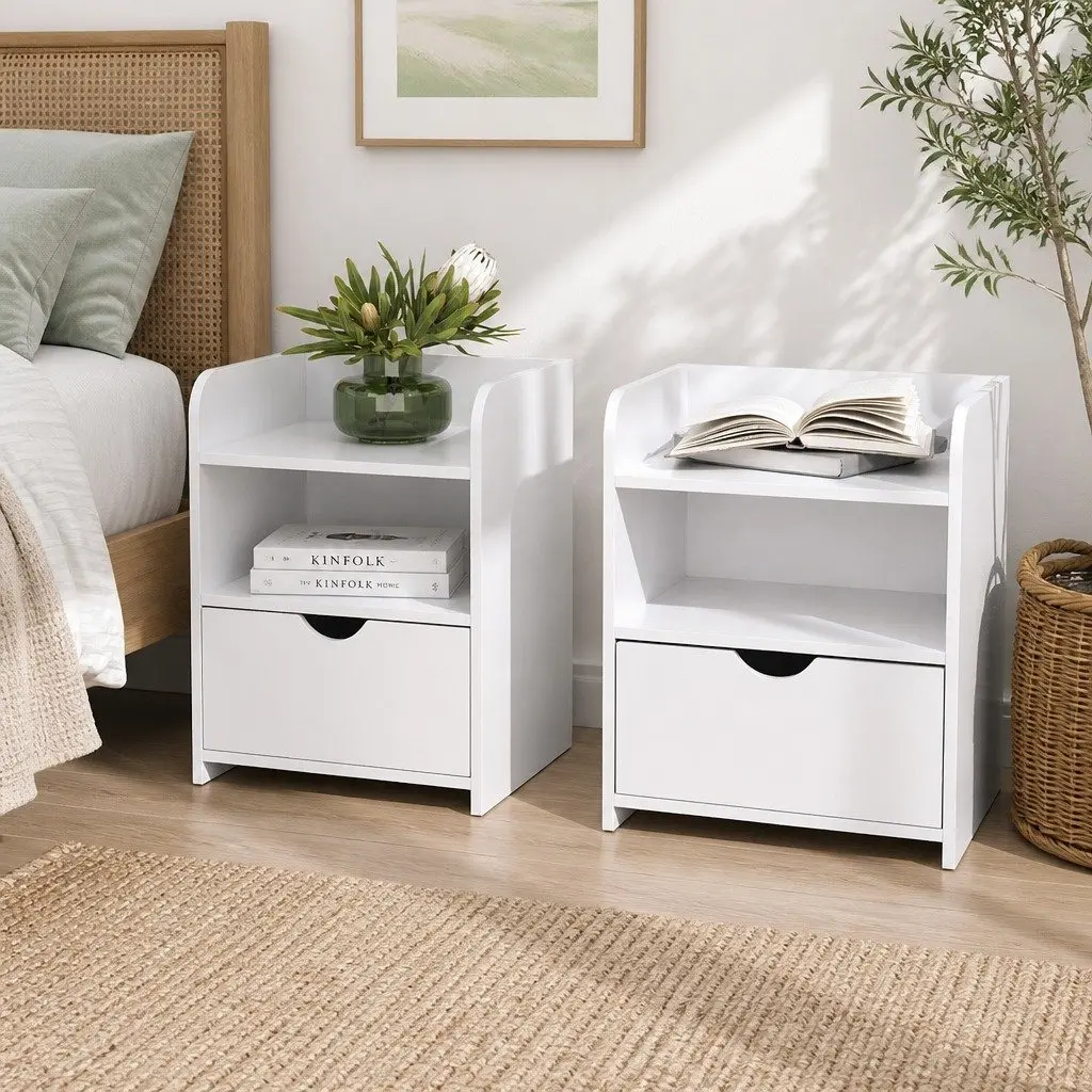 Bedside Table 1 Drawer with Shelf White Bedroom Storage Unit Nightstand