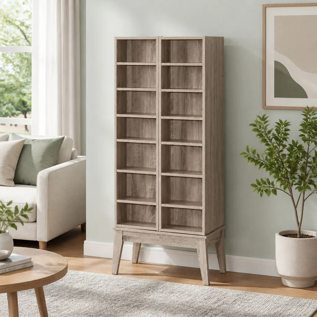 Oak Bookshelf Media Storage Rack Adjustable Display Cabinet 14 Shelves 60cm x 32cm x 150cm