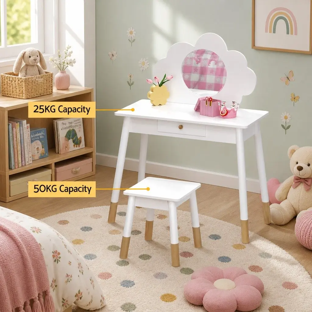 Kids Dressing Table Chair Set Vanity Mirror Drawer White Wooden Leg Makeup Play