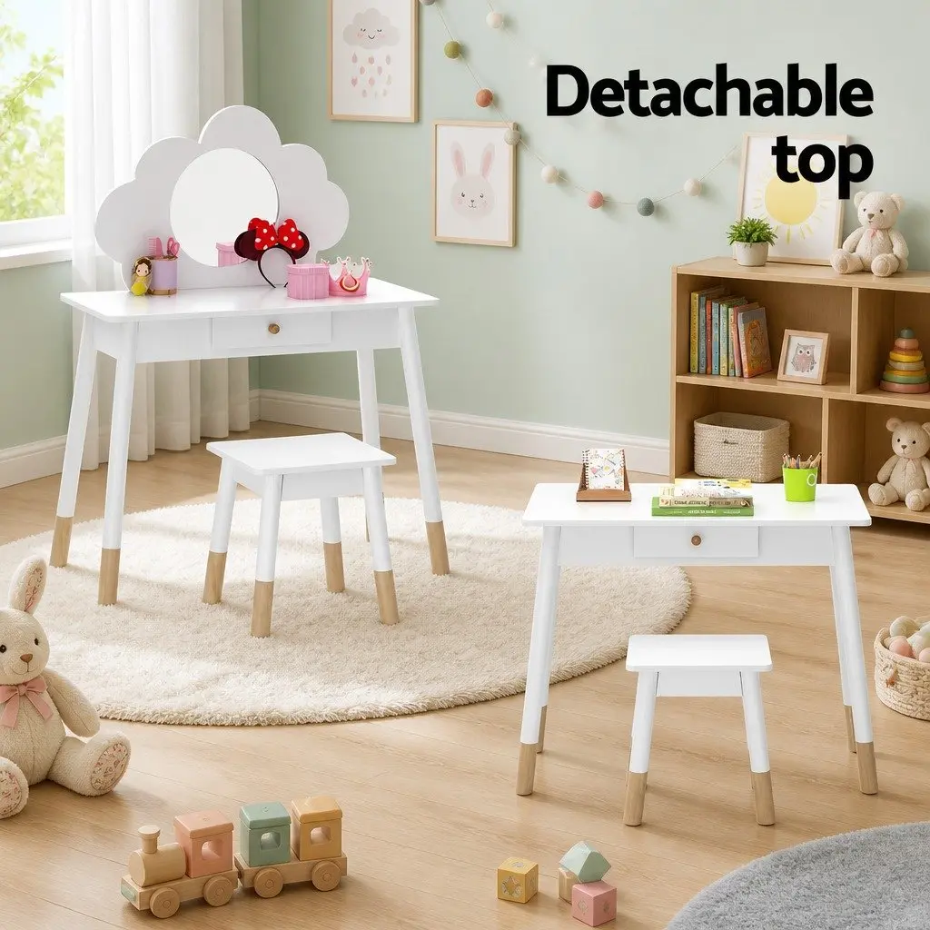 Kids Dressing Table Chair Set Vanity Mirror Drawer White Wooden Leg Makeup Play
