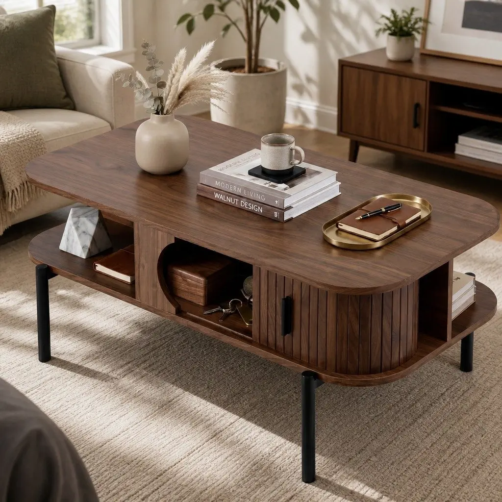 Coffee Table Living Room Center Table with Open Shelves Storage Cabinets Walnut