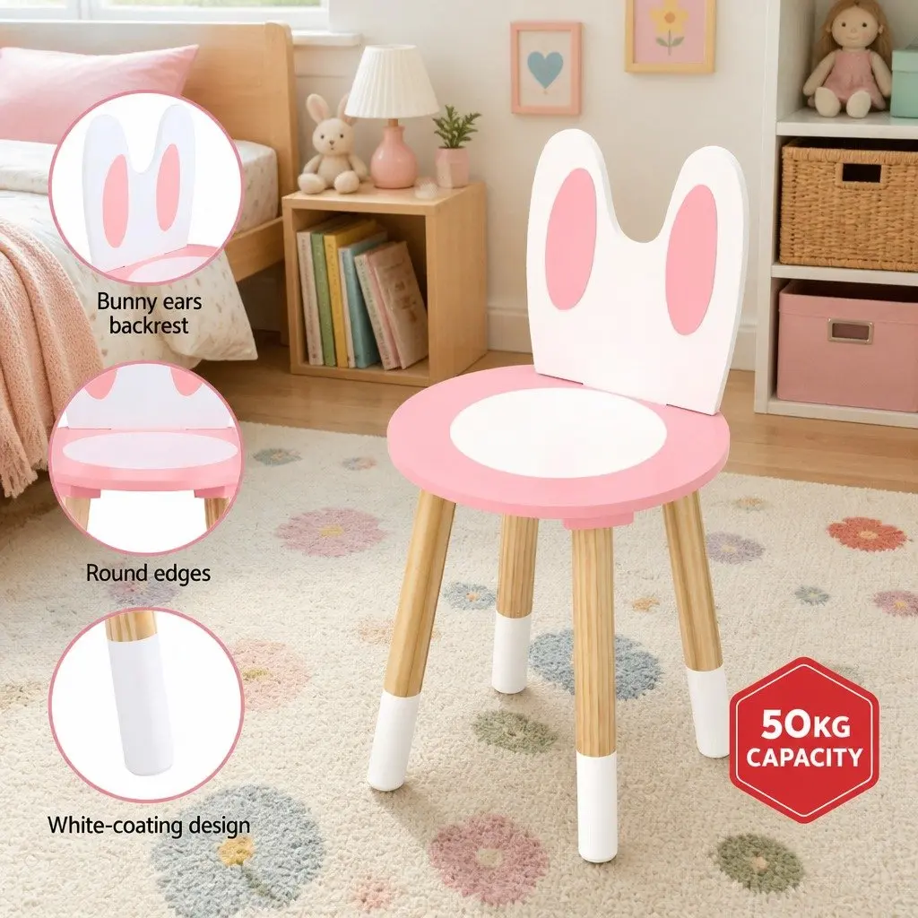 Kids Dressing Table Bunny Ear Design Wooden Vanity with Stool Mirror Pink