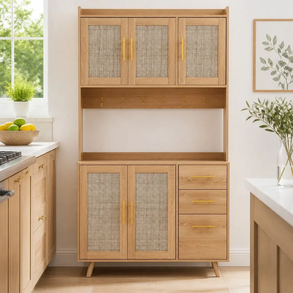 Buffet Sideboard Cabinet Storage Rattan Doors Adjustable Shelves 100 cm Pine