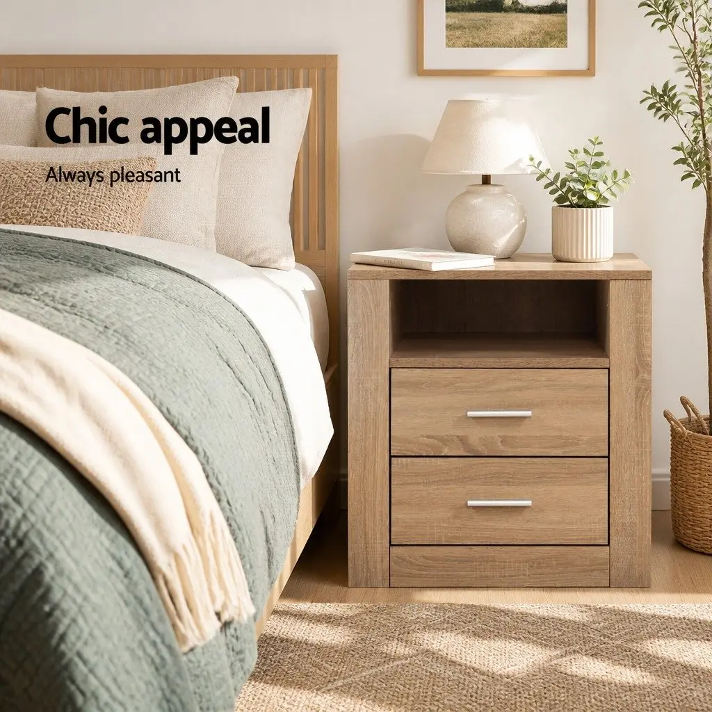Bedside Table 2 Drawers Open Shelf Storage Unit Modern Bedroom Furniture Oak