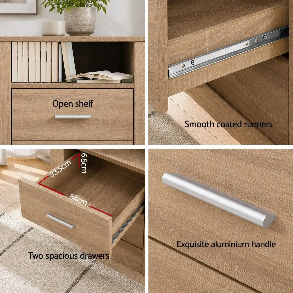 Bedside Table 2 Drawers Open Shelf Storage Unit Modern Bedroom Furniture Oak