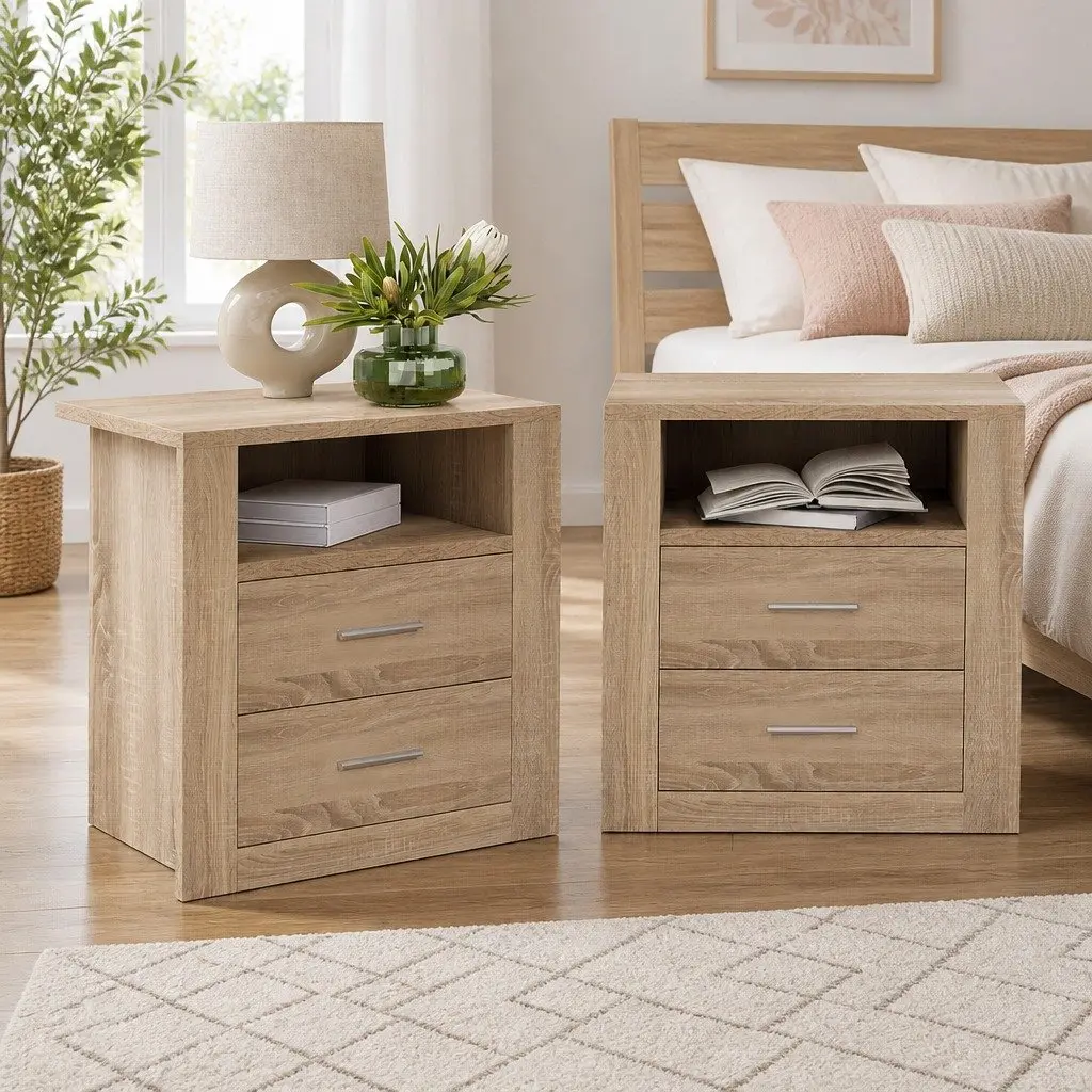 Bedside Table 2 Drawers Open Shelf Storage Unit Modern Bedroom Furniture Oak