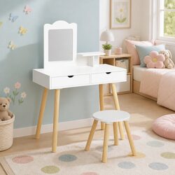 Kids Vanity Table Set with Storage Chair & Mirror