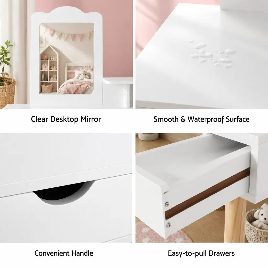 Kids Dressing Table Vanity Set with Chair Mirror Storage White Pine Wood 3 to 7 Years