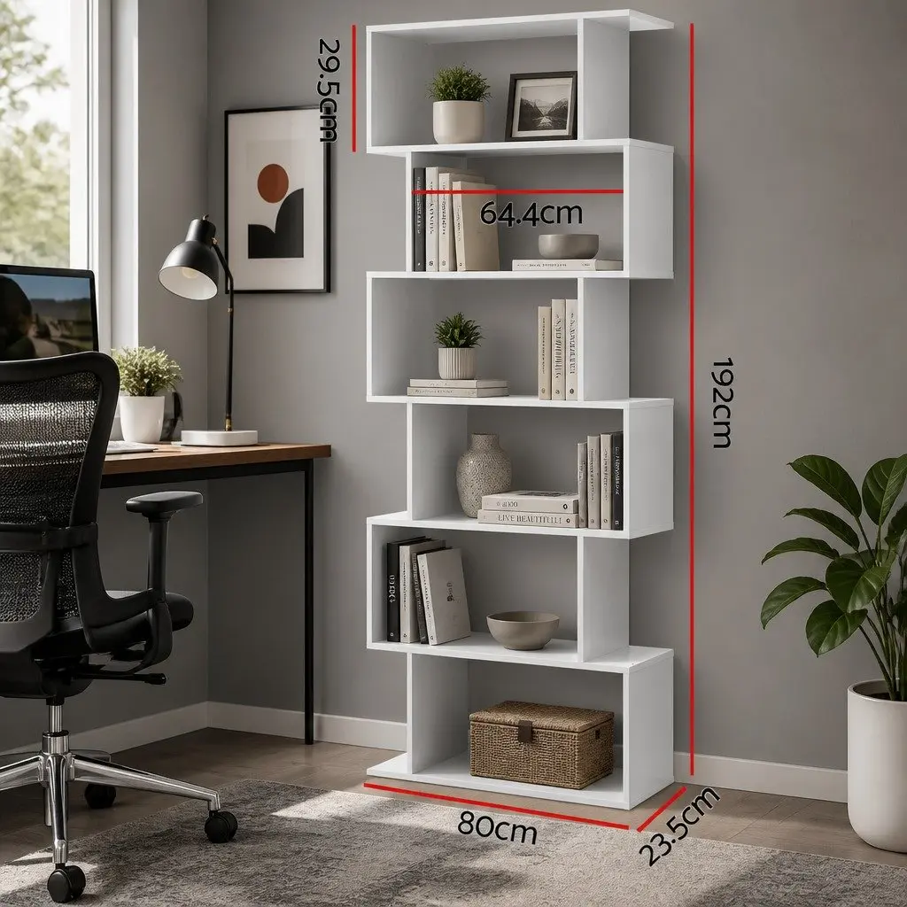 6-Tier Display Shelf White S-Shape Bookcase Living Room Storage Organiser