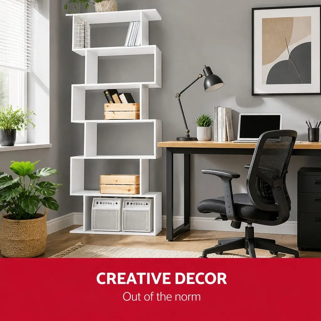 6-Tier Display Shelf White S-Shape Bookcase Living Room Storage Organiser