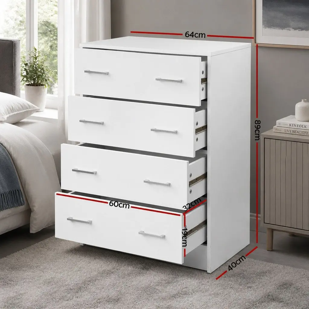4 Drawer Chest Tallboy White Bedroom Storage Cabinet Dresser Nightstand
