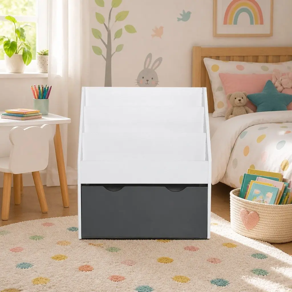 Kids Bookshelf 3 Tier Storage Organiser Bookcase Removable Toy Box White Grey