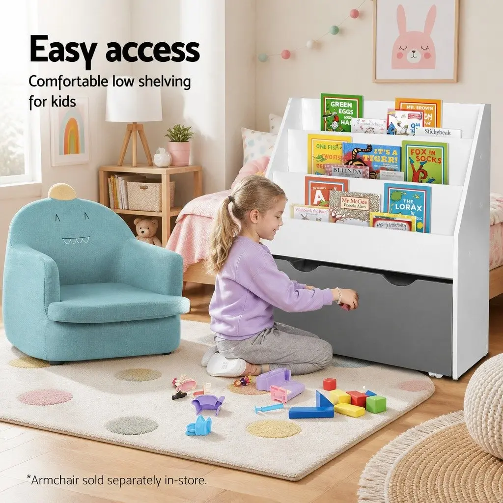 Kids Bookshelf 3 Tier Storage Organiser Bookcase Removable Toy Box White Grey