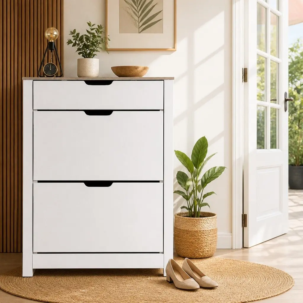 Shoe Rack Cabinet Storage Organiser 16 Pairs White Wood Entrance Hallway