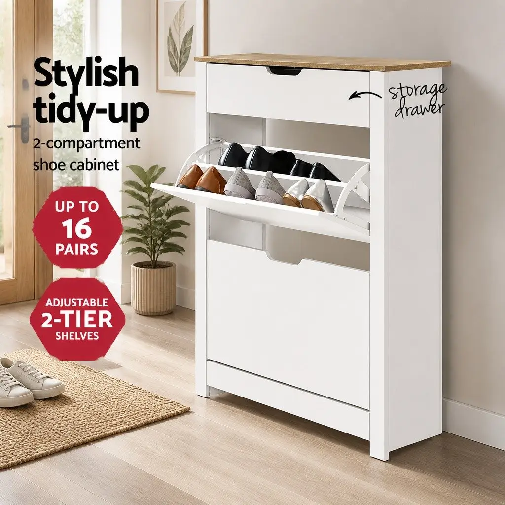 Shoe Rack Cabinet Storage Organiser 16 Pairs White Wood Entrance Hallway