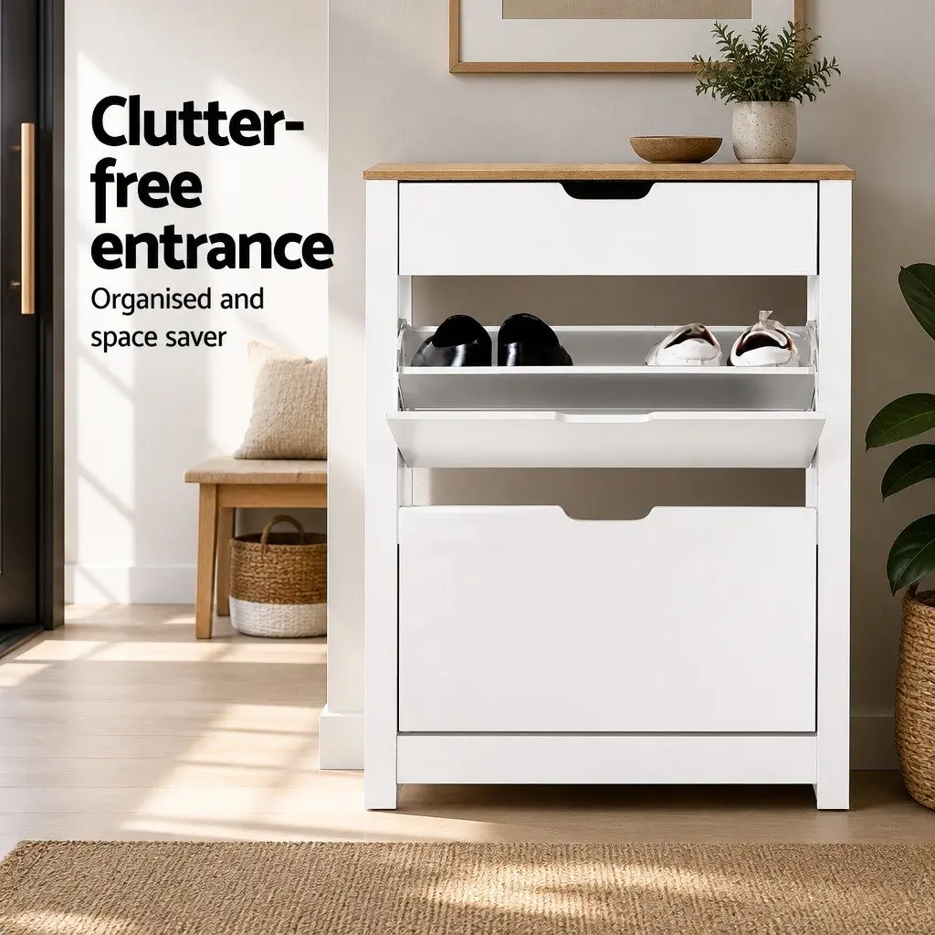 Shoe Rack Cabinet Storage Organiser 16 Pairs White Wood Entrance Hallway