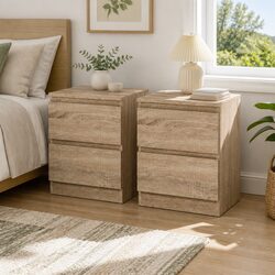 Bedside Table 2 Drawers Oak Wood Bedroom Storage Nightstand Modern Design