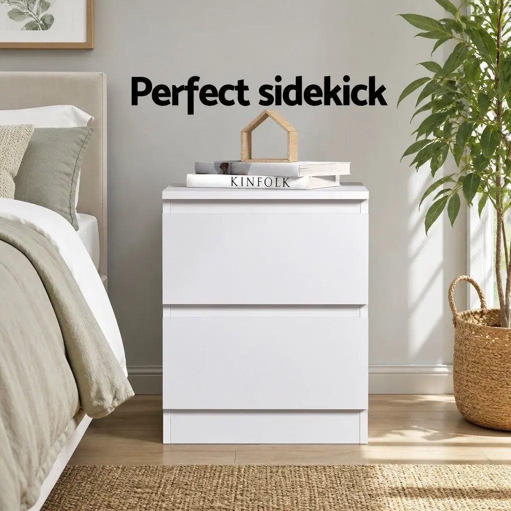 Bedside Table with 2 Drawers in White Finish