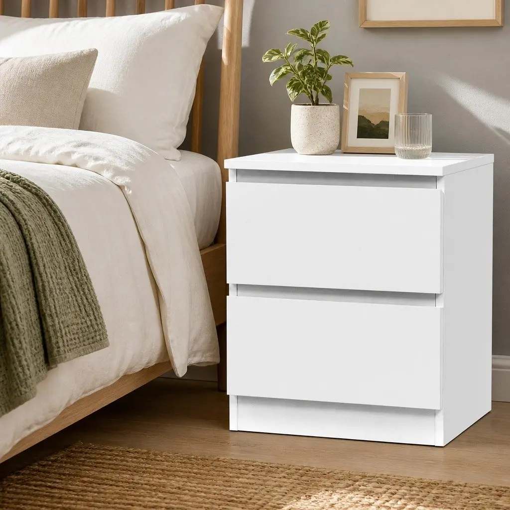 Bedside Table with 2 Drawers in White Finish