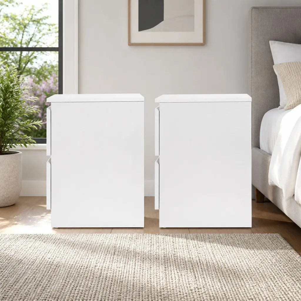 Bedside Table Storage 2 Drawers 40cm W x 39.5cm D x 50cm H White Modern Nightstand
