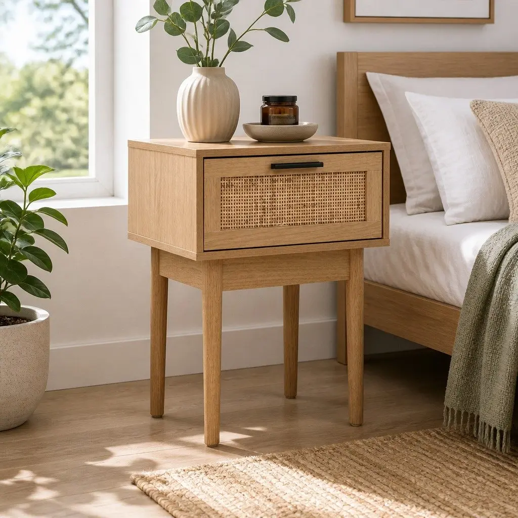 Bedside Table Side Table Rattan Drawer Nightstand Light Wood Tone Storage
