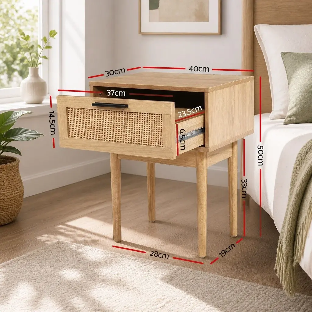 Bedside Table Side Table Rattan Drawer Nightstand Light Wood Tone Storage
