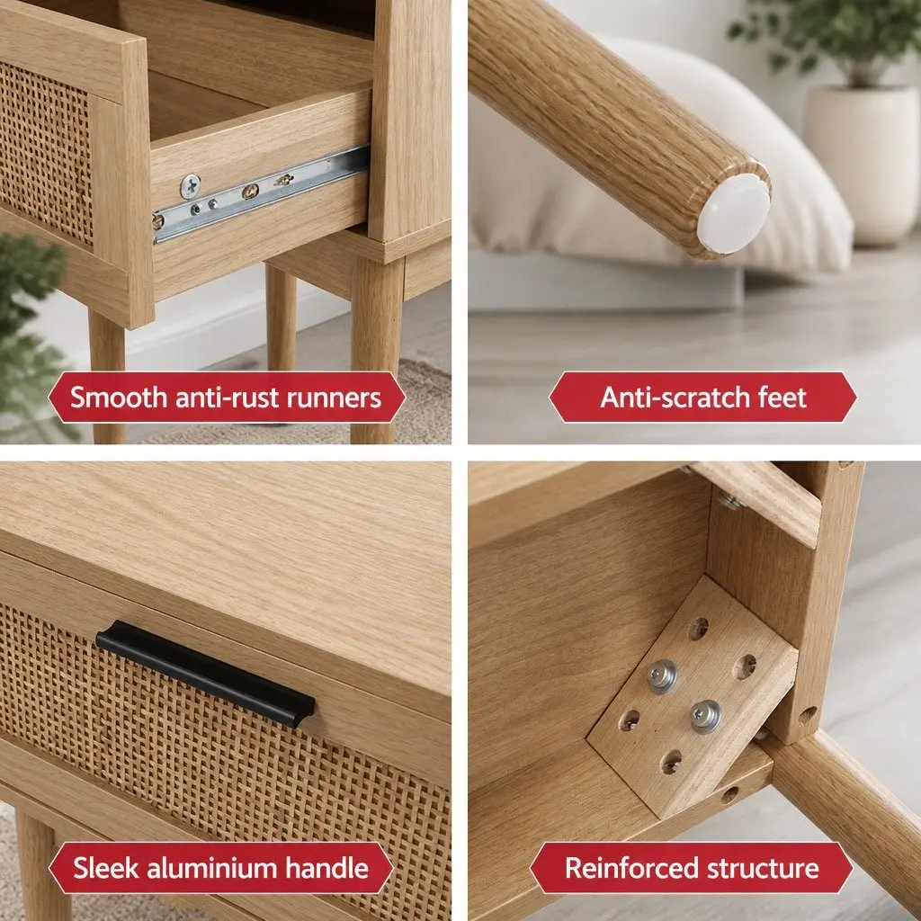 Bedside Table Side Table Rattan Drawer Nightstand Light Wood Tone Storage
