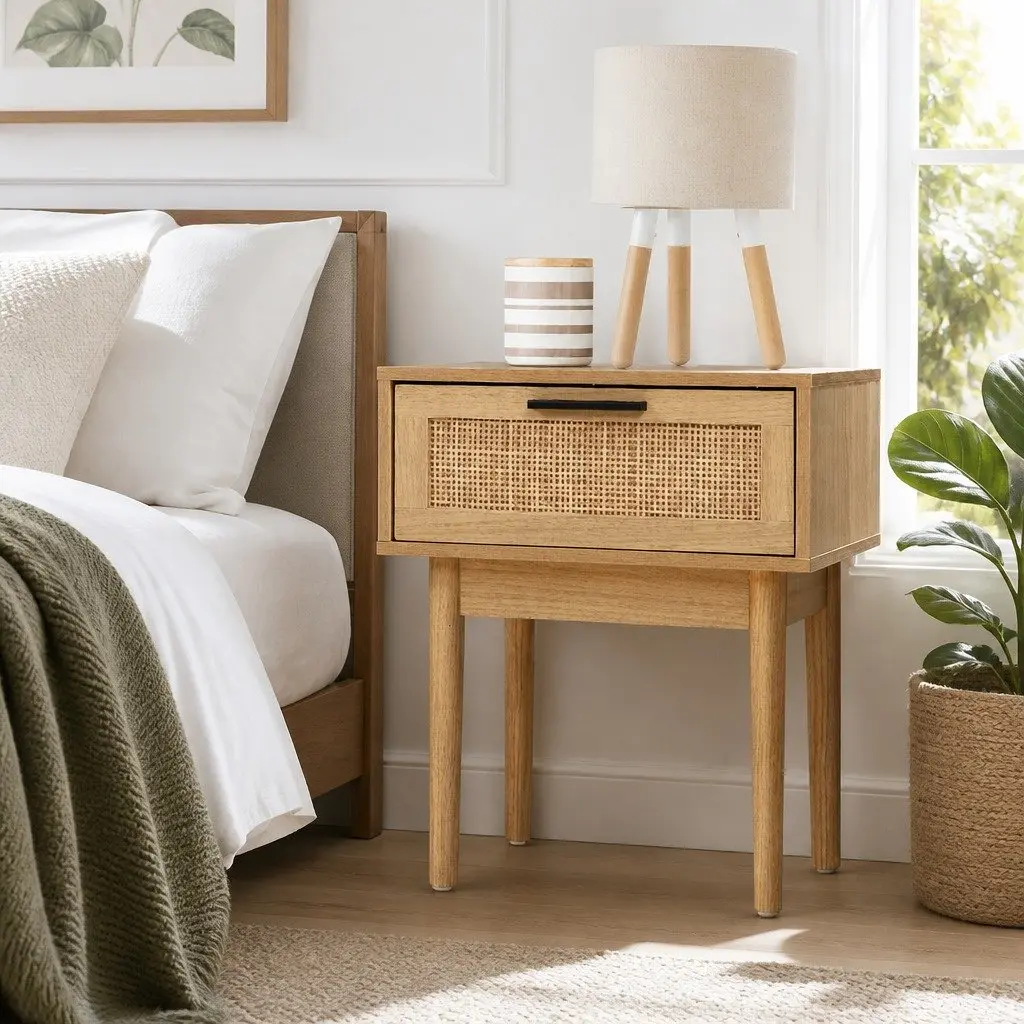 Bedside Table Side Table Rattan Drawer Nightstand Light Wood Tone Storage