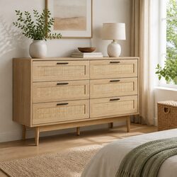 Durable 6 Drawer Chest with Real Rattan and Wood Legs
