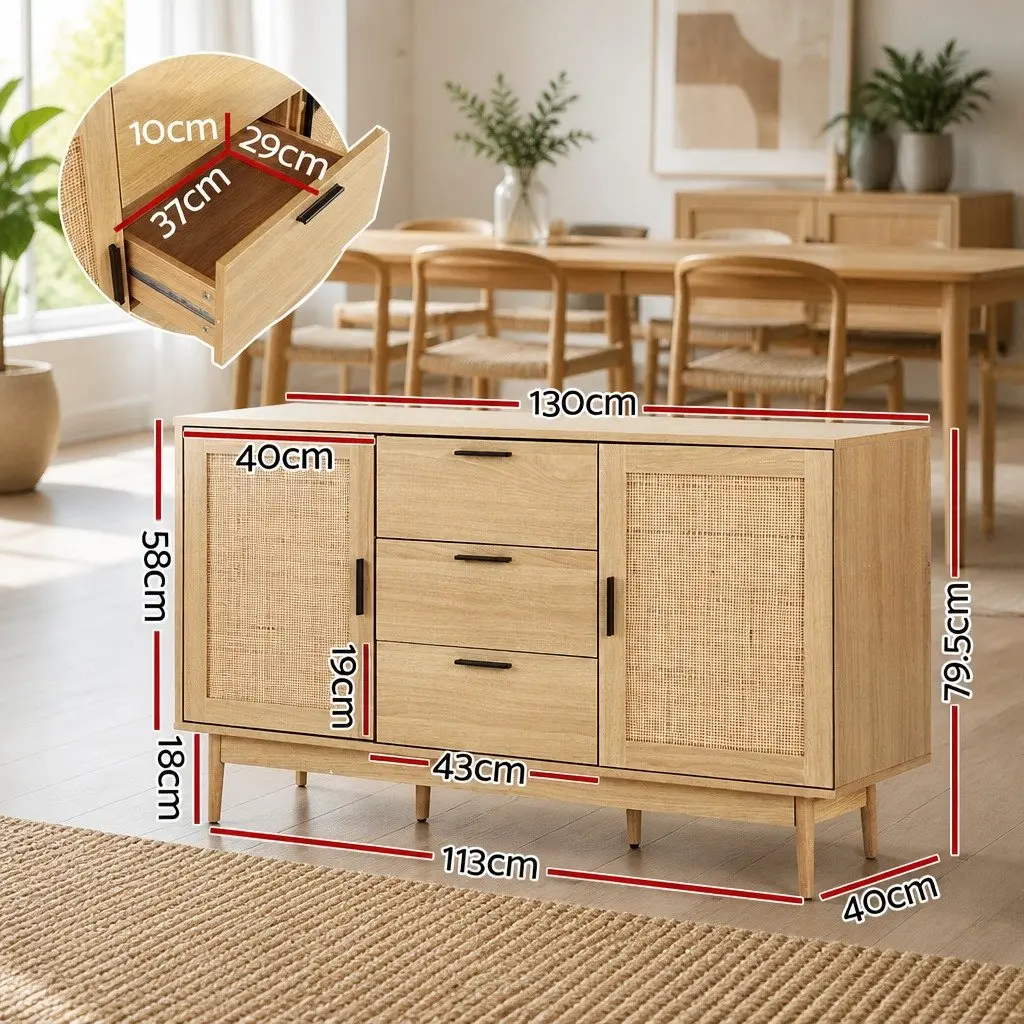 Rattan Buffet Sideboard Storage Cabinet with Drawers Adjustable Shelves 130cm Wood
