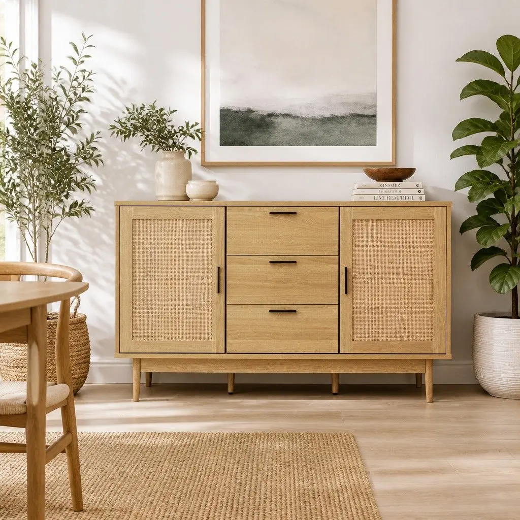 Rattan Buffet Sideboard Storage Cabinet with Drawers Adjustable Shelves 130cm Wood