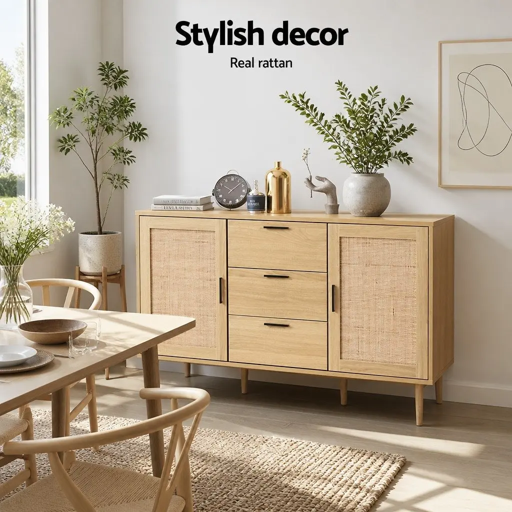 Rattan Buffet Sideboard Storage Cabinet with Drawers Adjustable Shelves 130cm Wood
