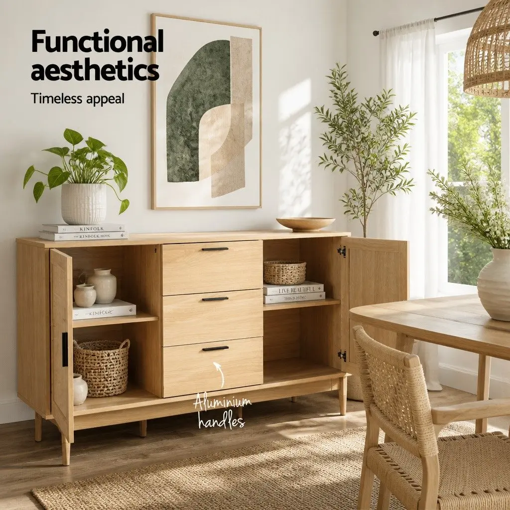Rattan Buffet Sideboard Storage Cabinet with Drawers Adjustable Shelves 130cm Wood