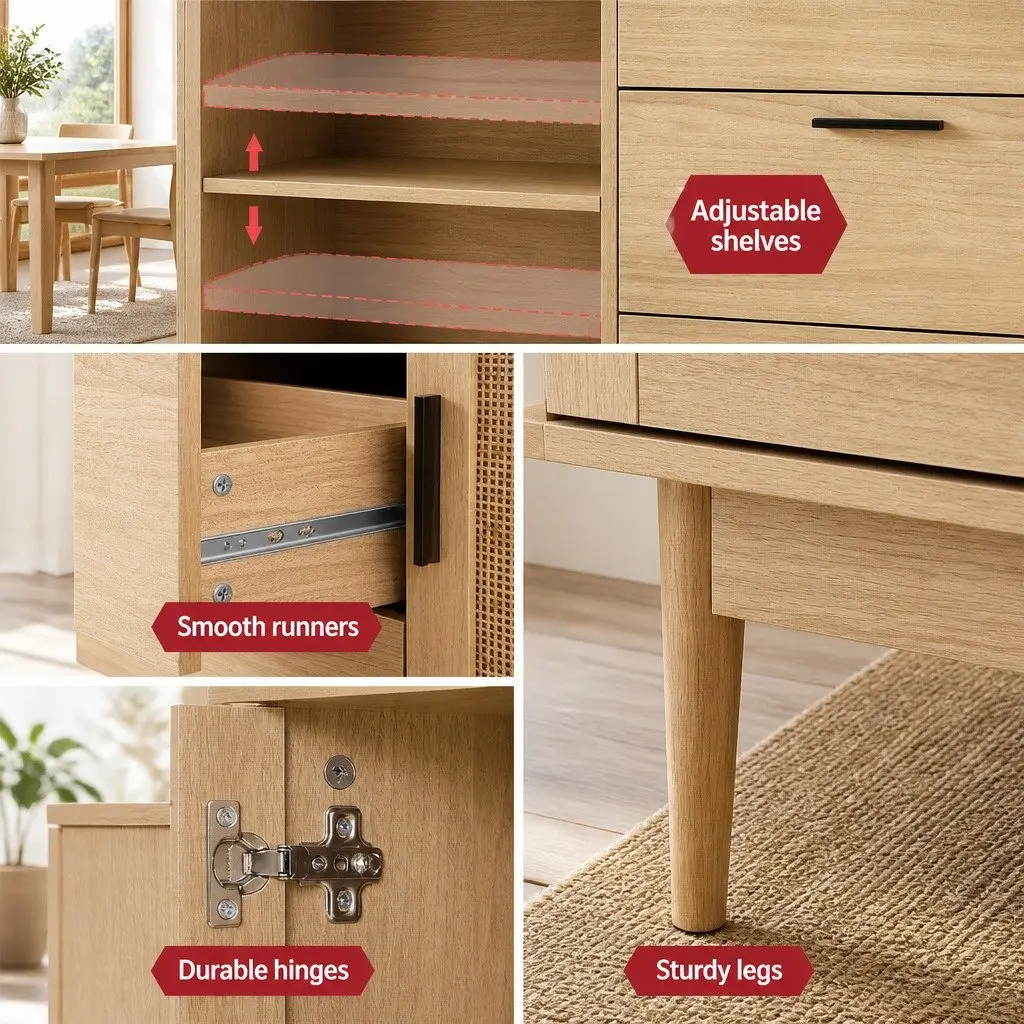 Rattan Buffet Sideboard Storage Cabinet with Drawers Adjustable Shelves 130cm Wood