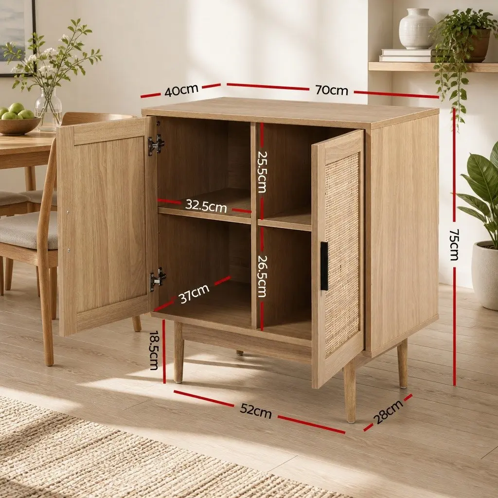 Buffet Sideboard Cabinet Storage Cupboard 70cm Pine Wood Rattan Doors