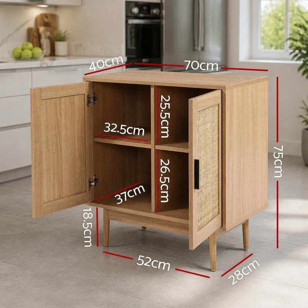 Rattan Buffet Sideboard 2 Doors Light Wood Dining Kitchen Storage Cabinet