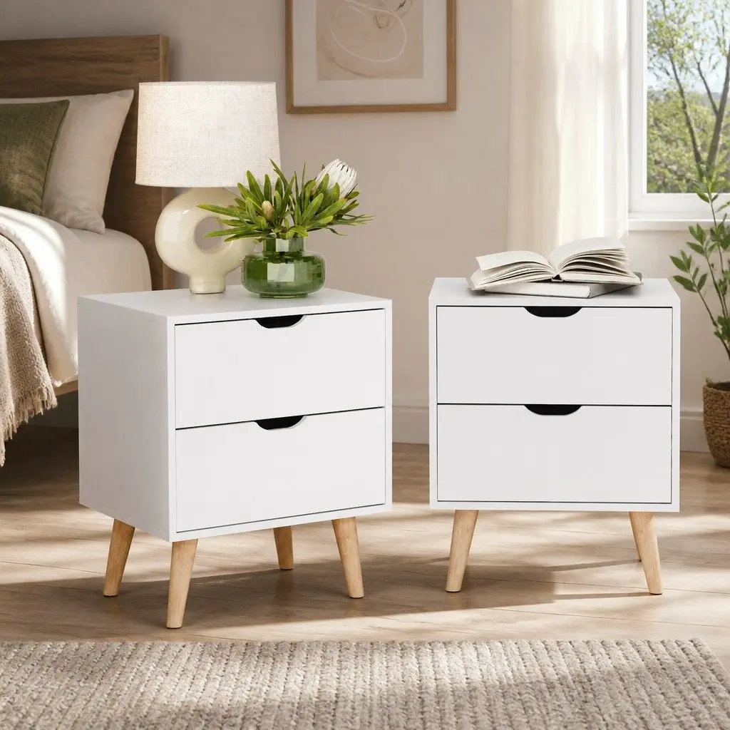 Bedside Table Storage 2 Drawers 40cm W x 30cm D x 50cm H White Modern