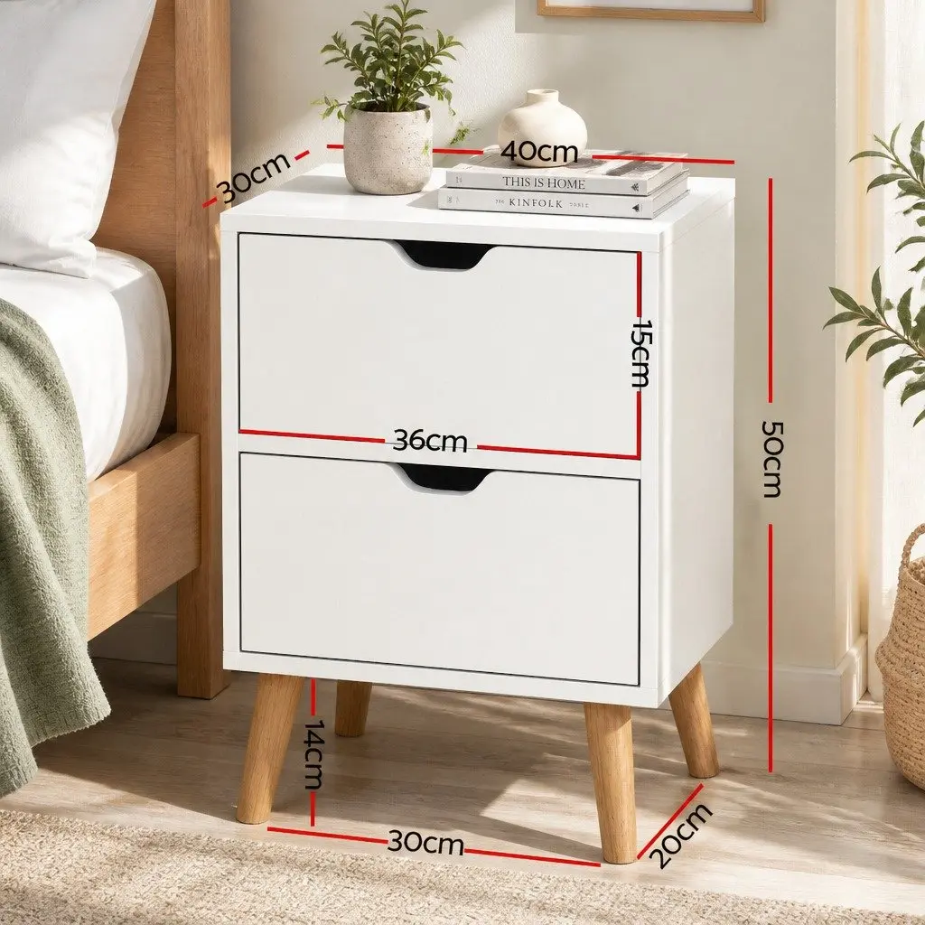 Bedside Table Storage 2 Drawers 40cm W x 30cm D x 50cm H White Modern