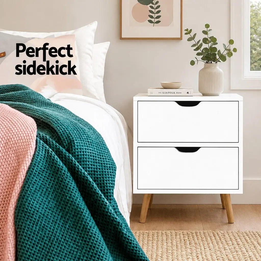 Bedside Table Storage 2 Drawers 40cm W x 30cm D x 50cm H White Modern