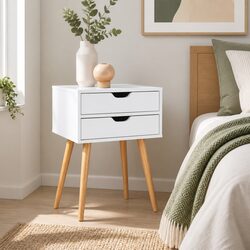 Practical White Bedside Table with 2 Storage Drawers