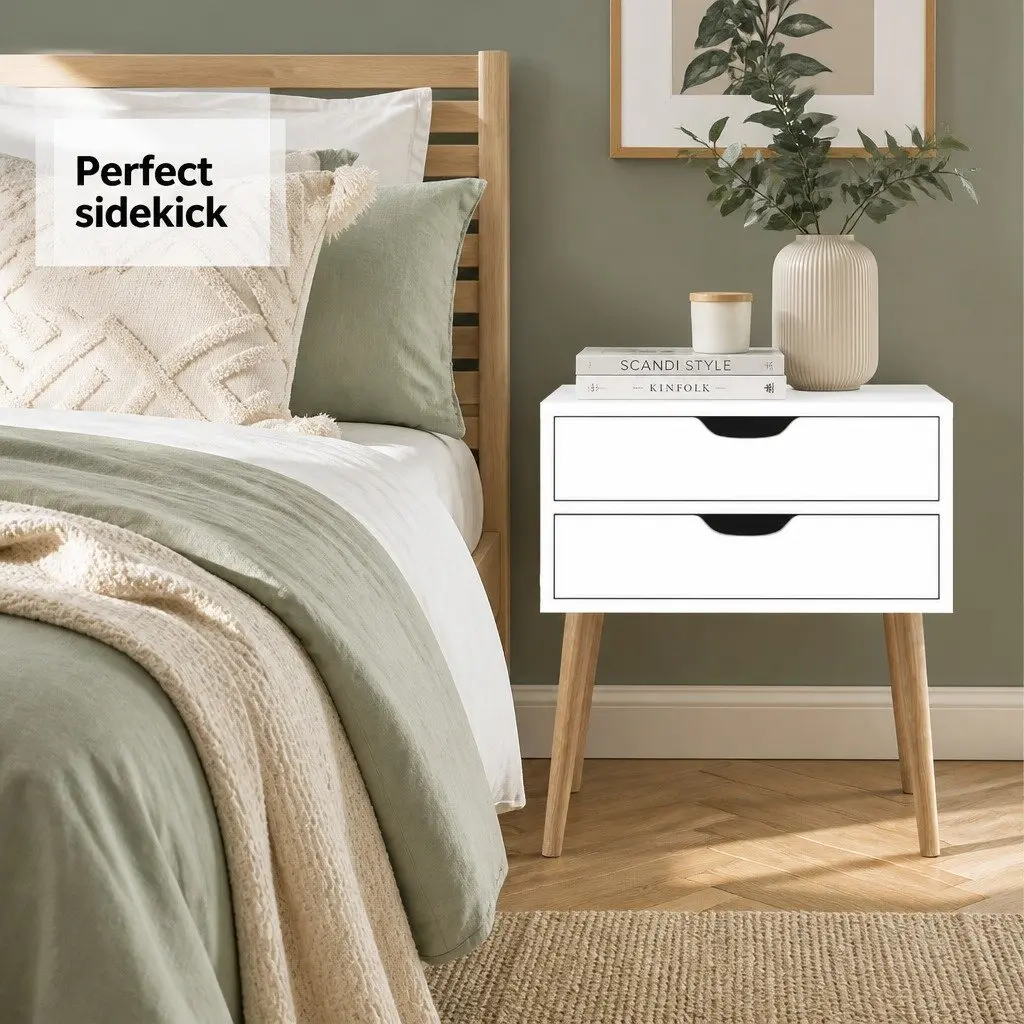 White Bedside Table with 2 Storage Drawers