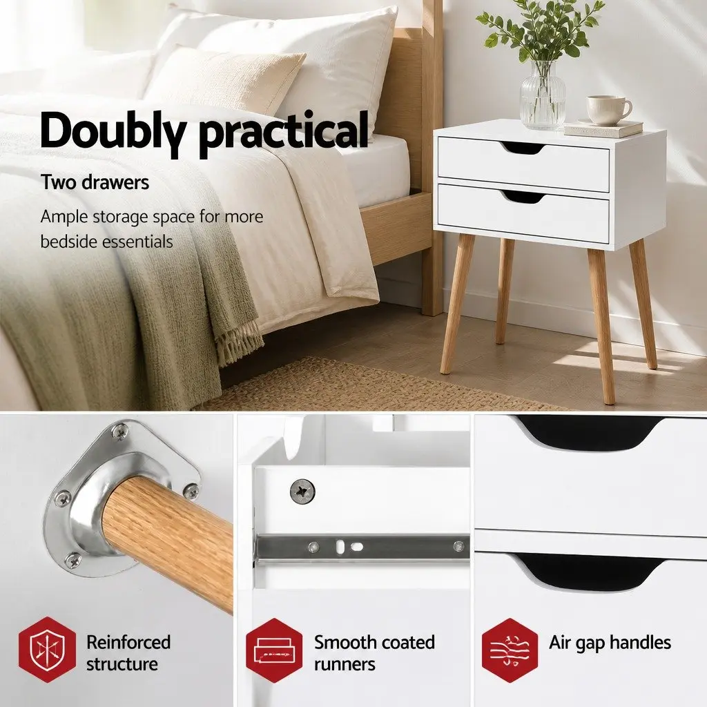 White Bedside Table with 2 Storage Drawers