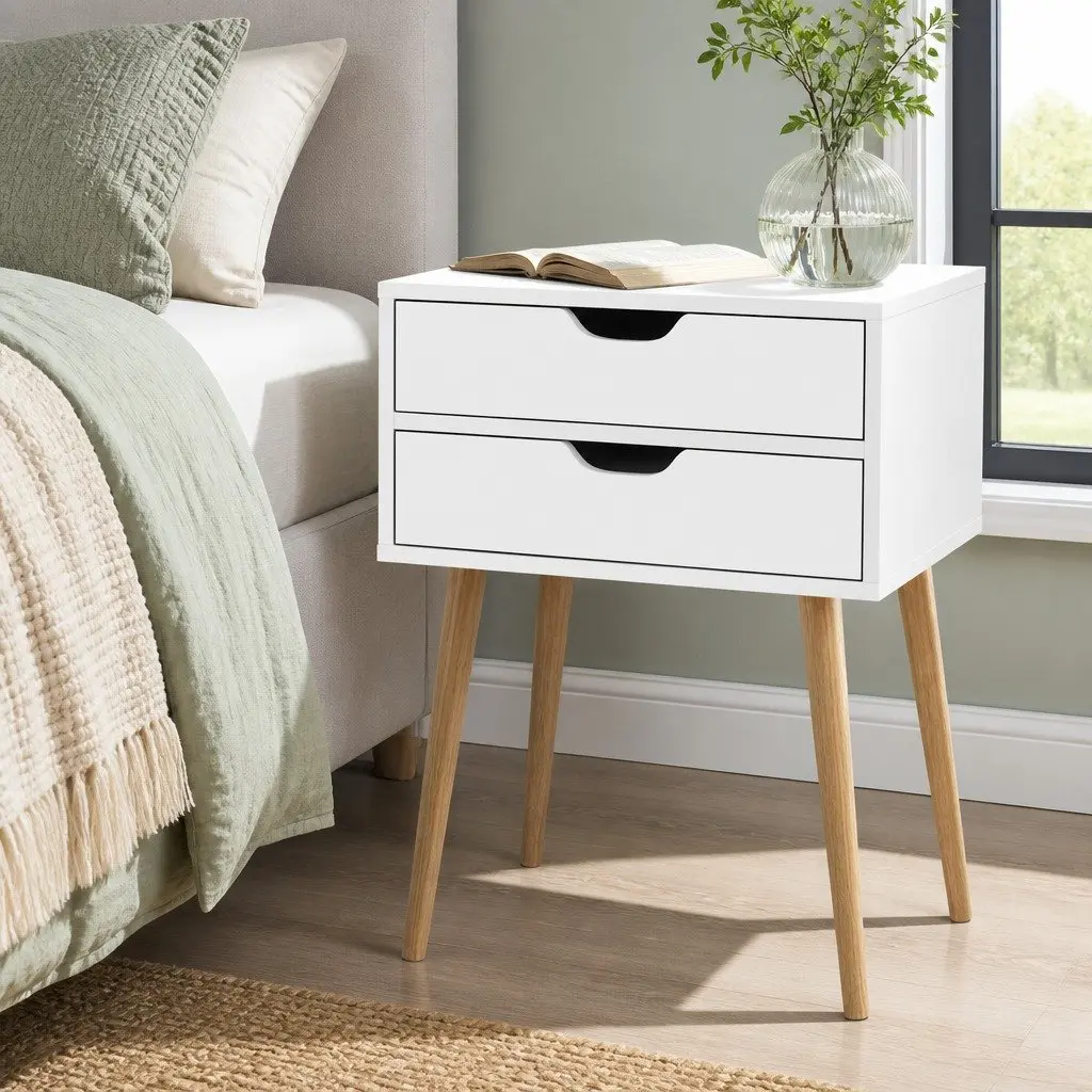 White Bedside Table with 2 Storage Drawers
