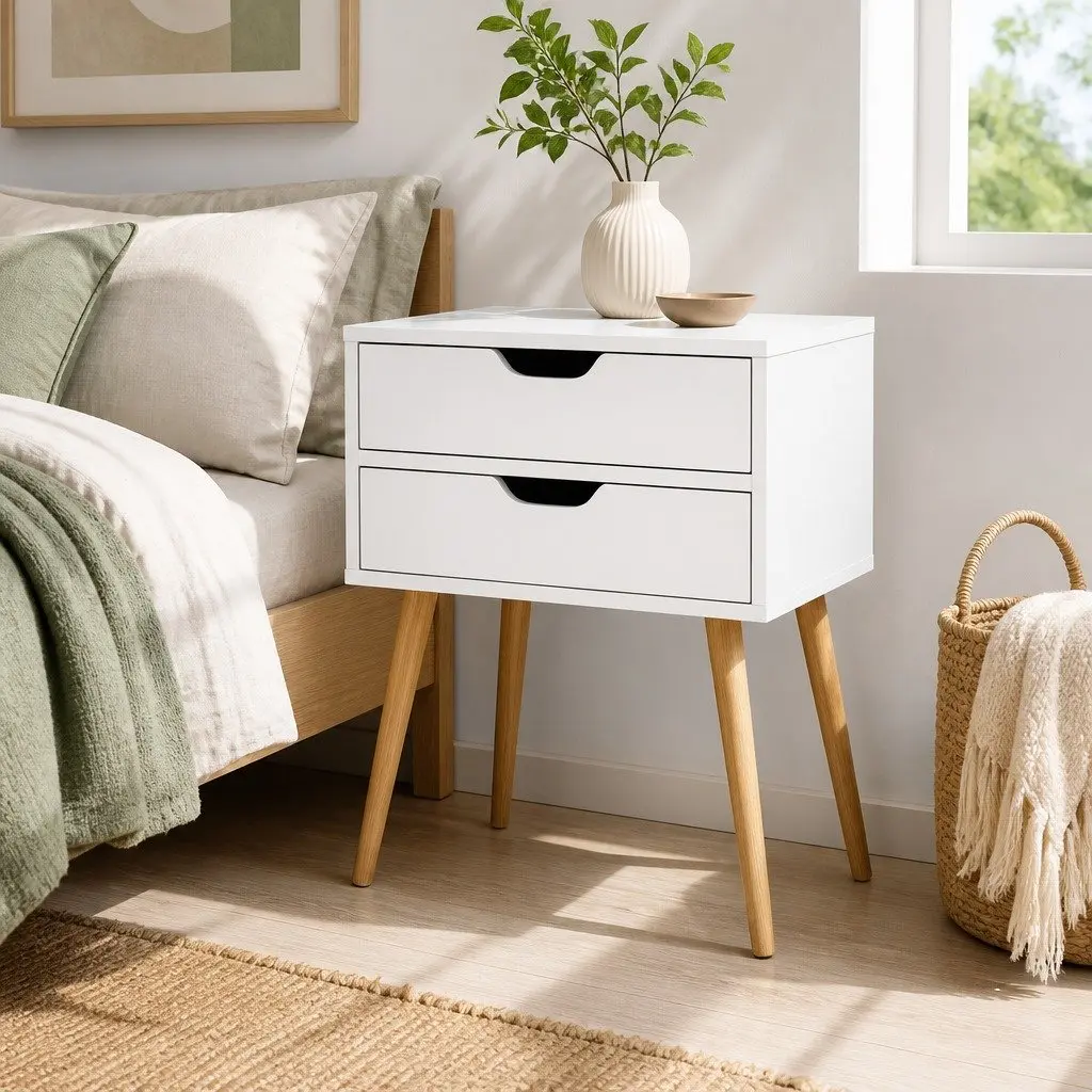 White Bedside Table with 2 Storage Drawers