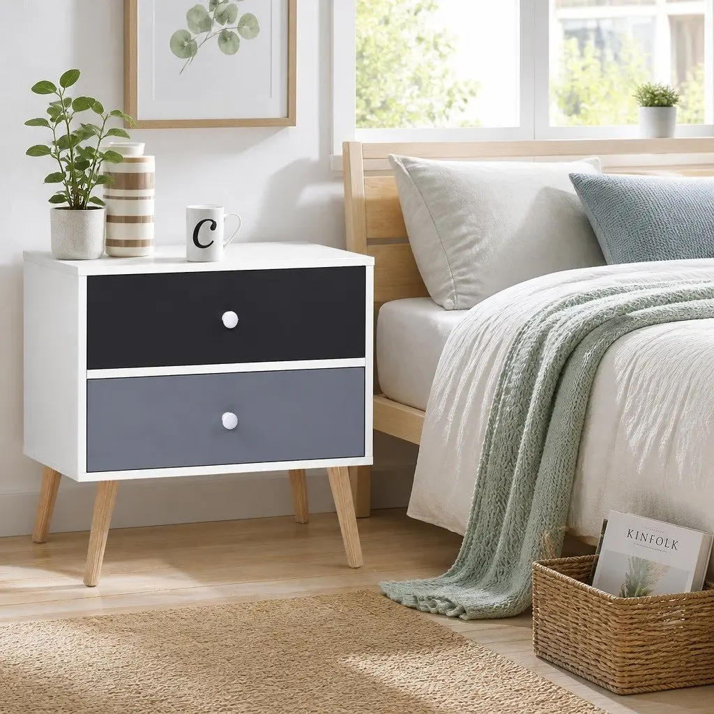 Bedside Table 2 Drawers Scandinavian Design Bedroom Nightstand Storage Furniture