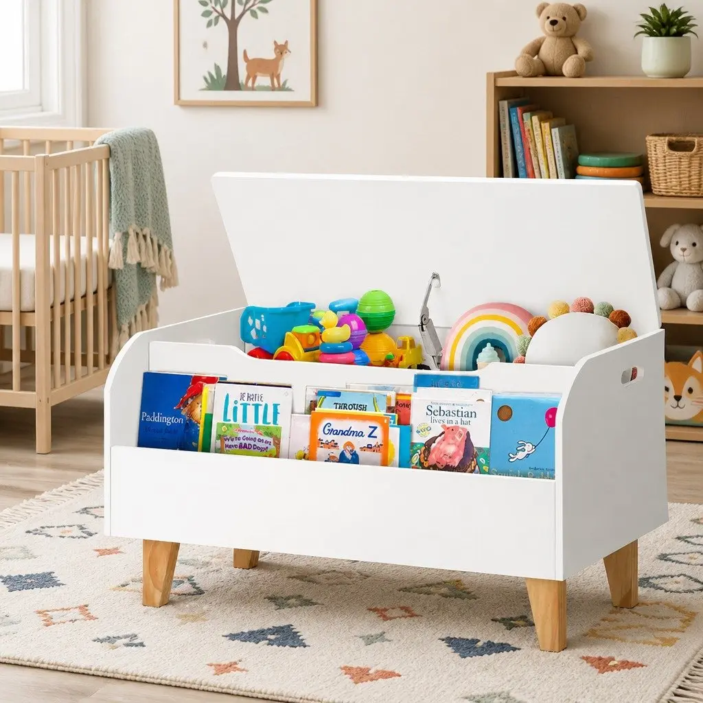 Kids Toy Box Chest Bookshelf Storage Organiser White 80cm